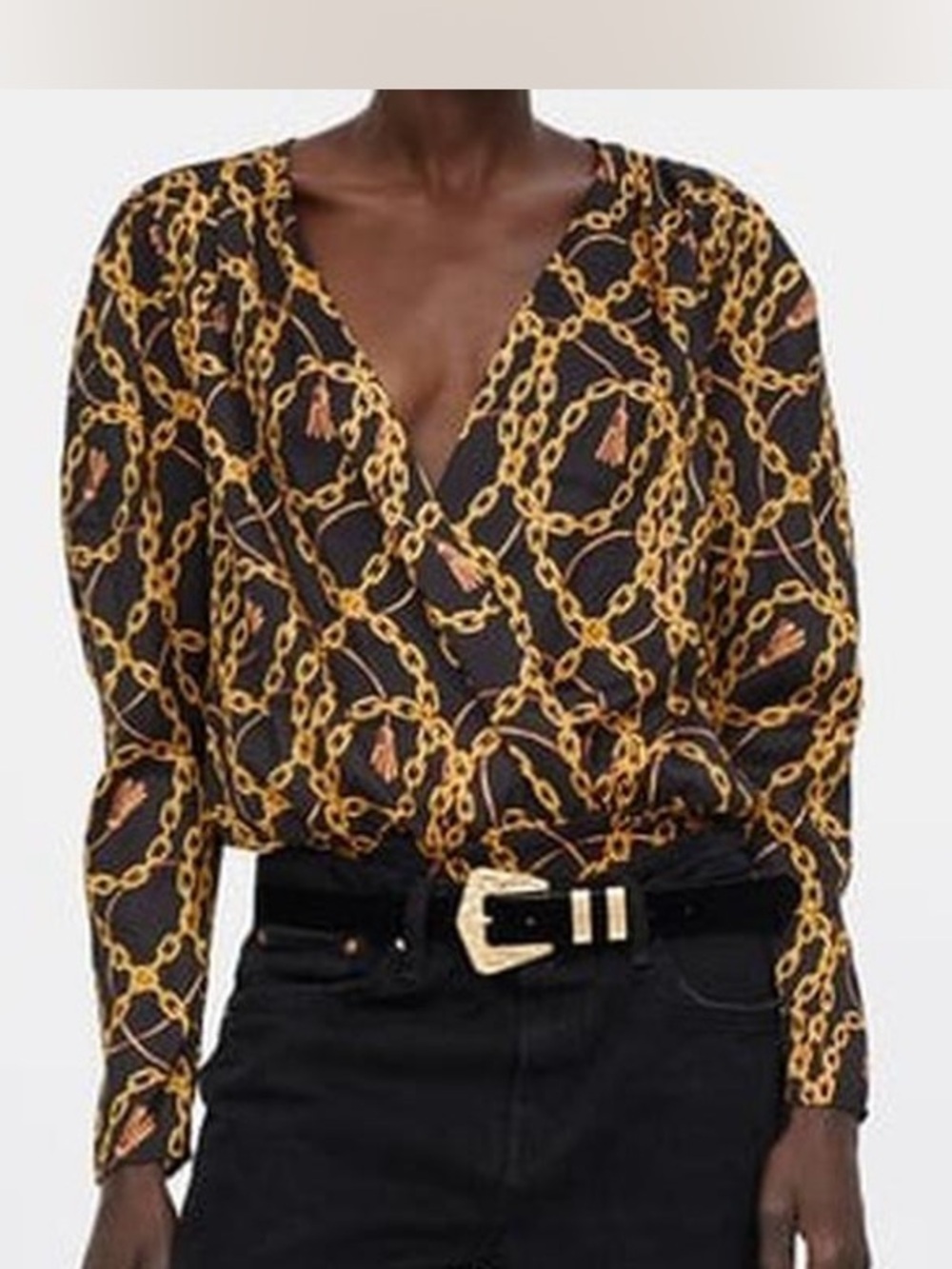 Zara Black Chain Print Faux Wrap Long-Sleeve Bodysuit.